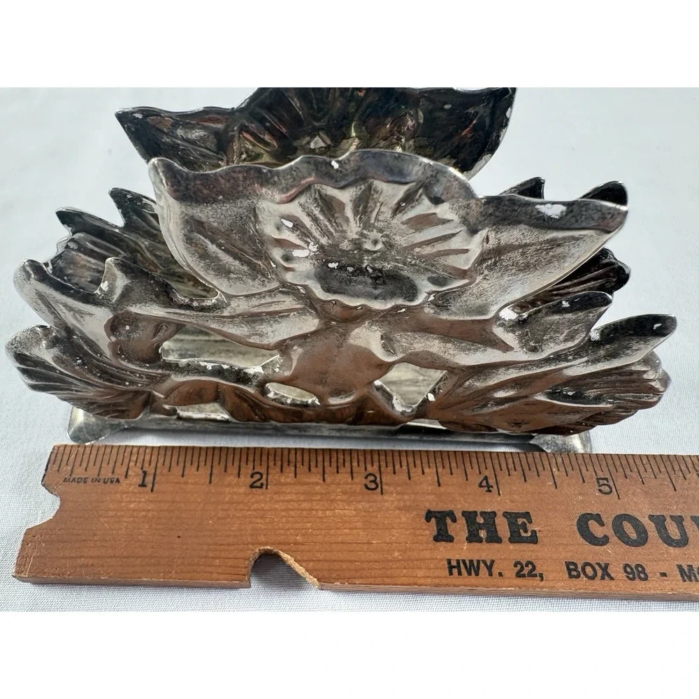 Silverplate Napkin Letter Holder Embossed Floral Motif 5x3x1 Vtg Patina READ